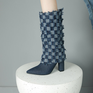 Bottes longues en jean sexy pour femmes, fermeture éclair, élégantes, à talon aiguille, bout pointu, chaussures d'automne-hiver, bottes hautes à talon haut - Product Image 2