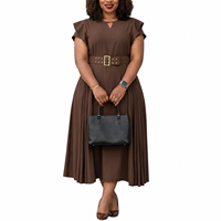 Robe midi plissée unie pour femme grande taille, coupe trapèze, col rond, manches classiques, style vintage, avec ceinture, en polyester, taille haute, respirante, pour l'été