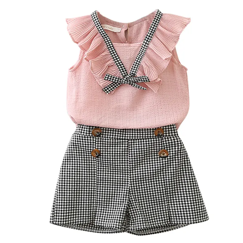 2020 di stile di estate di usura dei capretti Coreano della ragazza chiffon ruffle neck vest + plaid pantaloni caldi due set