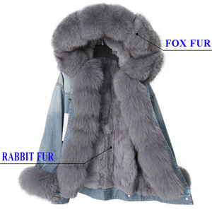 جاكيت فرو جينز كبير الحجم للنساء معاطف فرو ثعلب حقيقي مع ياقة فرو ثعلب طويلة قابلة للفصل جواكيت باركا من الدنيم الخريف للنساء - Product Image 2