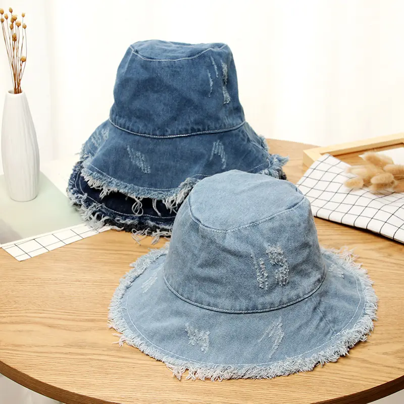 Mùa hè phụ nữ thời trang Sun hat rộng vành bãi biển đau khổ cổ điển jean denim ngư dân Bucket Hat