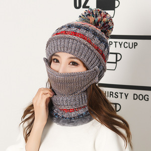 Winter Knitted Hat Scarf Mask Set Women Windproof Warm Neck Protector Cycling Outdoor Wear Fleece Lined Woolen Hat Adult Female - Product Image 4