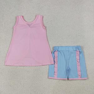 Conjunto de verano para niñas, sin mangas, con flores y volantes, pantalones cortos azules - Product Image 5