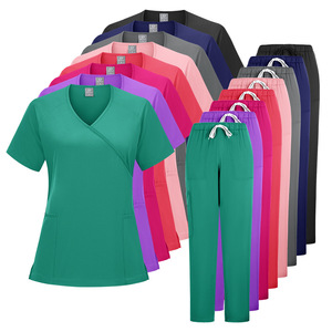 Women's Scrub <b>Set</b> Short Sleeve <b>Knitted</b> Split Uniform For Salon Dental Hospital Workwear With Label Size S XXL - Product Image 1