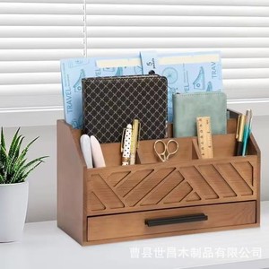 Organizador de escritorio de oficina de madera con cajón para artículos de papelería y artículos varios, soporte rectangular multiusos para mesa - Product Image 4