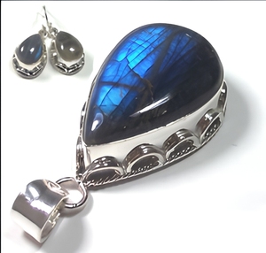 Sterling Silver Blue Fire Labradorite Indian Handmade Jewelry Set Teardrop Pendant Earrings Natural Gemstone Bohemian Women Gift - Product Image 1