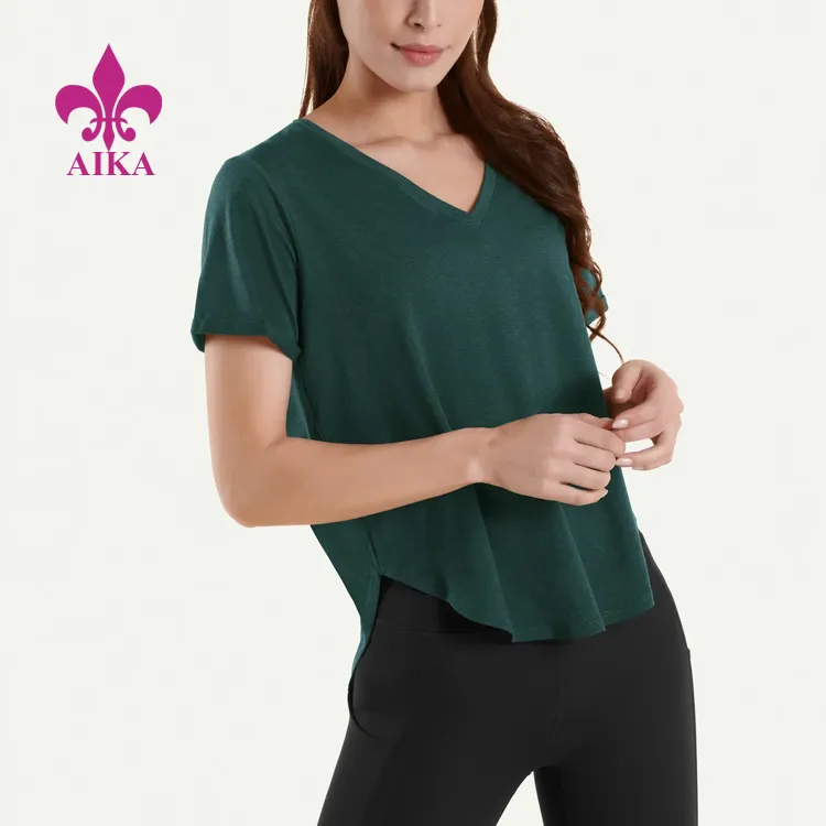Custom Wholesale Loose Fit Tops V Neck Cotton Yoga Plain Women T-Shirt