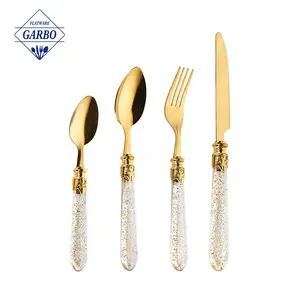 Customized Logo New Design Wedding Party Gold Foil Paper Decor Plastic Handle Luxury Cutlery Set Stainless Steel Flatware