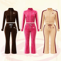 Ensemble de survêtement en velours pour femmes, logo personnalisé, veste de survêtement en velours zippée pour femmes avec pantalon évasé, ensemble de 2 pièces pour femmes