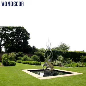 Wondecore户外大型抽象花园镜面抛光不锈钢金属喷泉雕塑