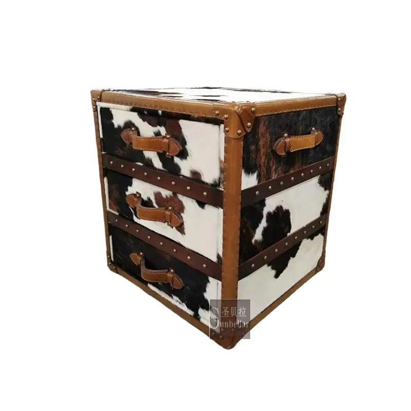 home luxury side table cabinet living room vintage genuine leather natural cow fur trunk cabinet with 3 drawers decoration