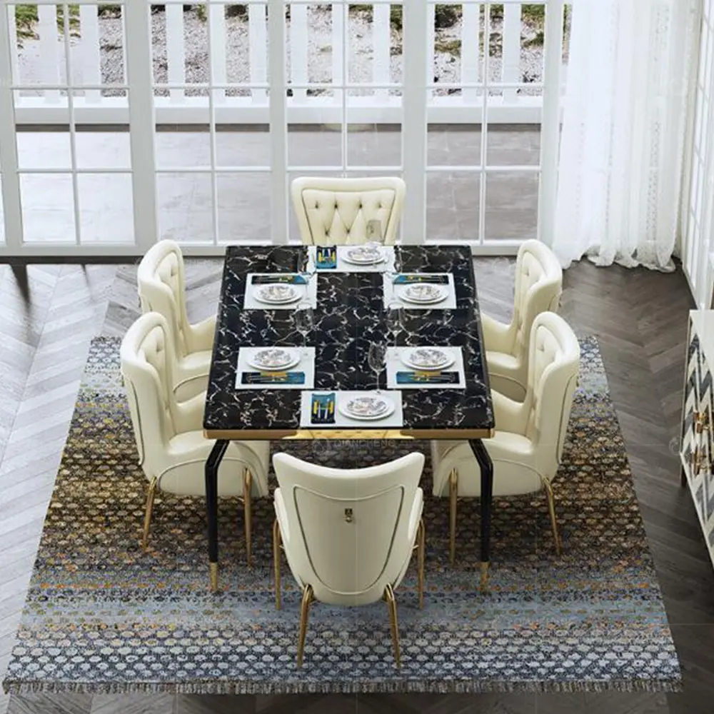 Роскошные стильные золотые столовые наборы из нержавеющей стали королевский дизайн обеденные стулья черный длинный квадратный мраморный обеденный стол