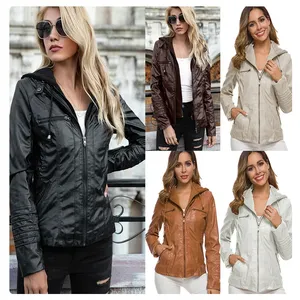 Classic leather jackets for ladies autumn women hooded zipper jacket blank work jackets