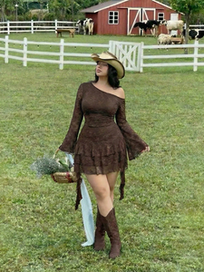 Custom <strong>Plus</strong> <strong>Size</strong> Brown Lace One Shoulder Mini Dress Tiered Ruffle Bell Sleeve Sexy Bodycon Western Cowgirl Cottagecore Summer - Product Image 4