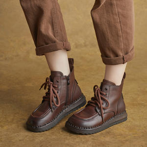 Bottes pour femmes en cuir de vachette véritable toutes saisons, à bout rond, à lacets, à plateforme et à talon compensé - Product Image 1