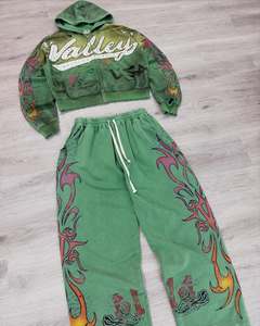 Các Nhà Sản Xuất Tùy Chỉnh Cắt Đau Khổ Zip up Sweatsuit Rhinestone Thời Trang Phố Tracksuit Baggy Flared Sweatpants Và Áo Bộ - Product Image 3