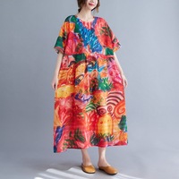 Robe en coton grande taille Impression colorée Robe en lin pour femmes
