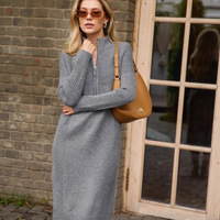 Robe pull crayon en maille épaisse décontractée d'automne avec demi-fermeture éclair, manches longues et détail illusion