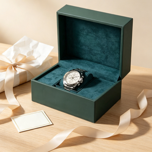 Boîte cadeau de luxe pour montre, en cuir vert, avec intérieur doux floqué, pour présentation en magasin. - Product Image 4