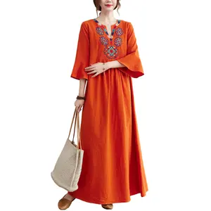 summer loose embroidery V-neck ethnic style linen cotton girls plus size women casual dresses