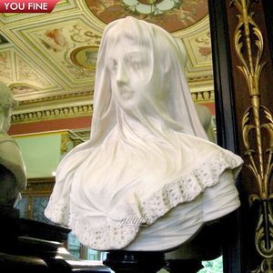 Zarif el oyma bahçe mermer peçeli kızlık büstü heykeli - Product Image 3