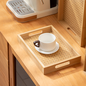Bandeja de servir rectangular de bambú con asas y patrón geométrico para servir té, uso en sala de estar - Product Image 2