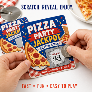 Cartes à gratter personnalisées pour pizzas avec impression de données variables sécurisées, coupons de jackpot pour promotions à emporter et récompenses de fidélité client - Product Image 1