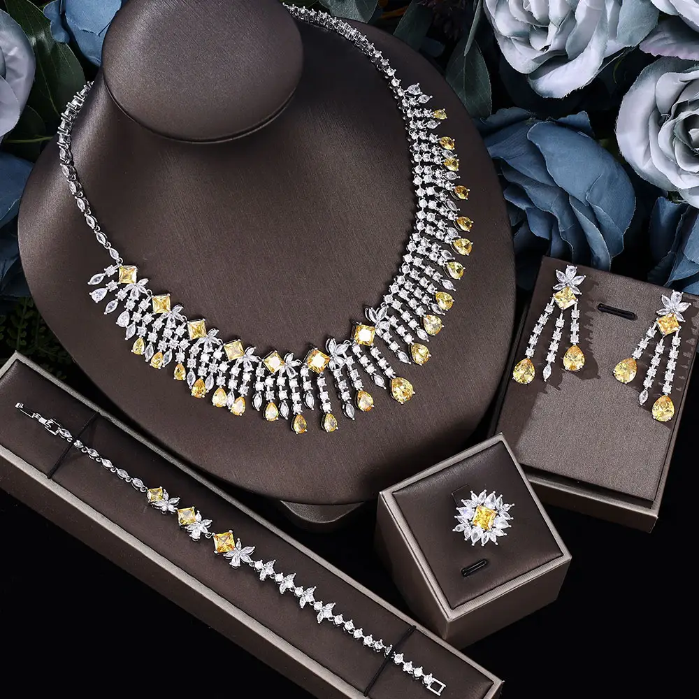 Luxury 4PCS Indian GODKI Bridal Jewelry Set For Women Wedding Party Yellow Apple Green Zircon Dubai Indian jewelry Sets 2022
