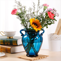 Vase de table en verre bleu floral nordique moderne et créatif, de luxe, à deux poignées, pour la décoration intérieure, les mariages, les fêtes, le bureau, petit vase hydroponique