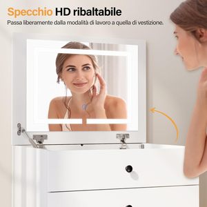 Specchio Pieghevole Bianco 2-in-1 con Luci per Toilette, Cassetti per Camera da Letto, Mobile da Bagno, Design con Sgabello 60x83x45cm - Product Image 4