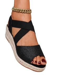 Wedge <b>Sandals</b> Open Toe Glitter <b>Elastic</b> Band Straw Outsole Platform Summer Women's Shoes - Product Image 1