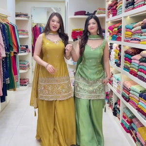 Yellow & Green Silk <b>Embroidered</b> Traditional Indian Wedding Dupatta Set Women's Ethnic <b>Shawl</b> Floral Pattern Spring Summer Wear - Product Image 1