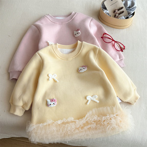 Girls Fleece Lined Sweatshirt <b>Dress</b> Long Sleeve Princess Style With <b>Ruffles</b> And Kitty Applique Autumn Winter Wear - Product Image 1