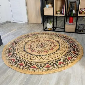 Tapis rond imprimé bloc Jute tapis tressé grand géométrique Mandala tapis rond décoratif salon décor à la maison tapis