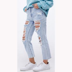 กางเกงยีนส์ทรงตรงเอวสูงสีฟ้าอ่อนขาดๆ แบบใหม่มาแรง สำหรับผู้หญิงไซส์พลัส - Product Image 3