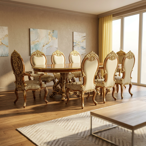 Ensemble de table à manger ronde en teck antique doré, fabriqué à la main, luxe royal, 10 places, écologique, facile à nettoyer, meubles de salle à manger - Product Image 3