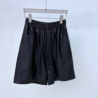 Shorts en cuir mini imperméables décontractés pour femmes, en véritable peau de mouton noire, avec cordon de serrage, taille élastique et poches profondes, pour tous les jours