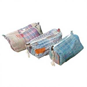 Modern Floral Kantha Cotton Cosmetic Bag Set Zipper Closure Portable Makeup Pouches Large Capacity Travel Pouches - Product Image 1