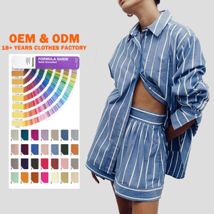 Conjunto de Dos Piezas de Lino a Rayas de Nuevo Diseño, Camisa de Lino Casual con Cuello Camisero, Pantalones Cortos de Lino de Cintura Alta Elástica, Conjunto de Lino - Product Image 2