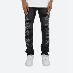 AeeDenim Custom Designers Jeans Men's stackied bone artwork in rhinestones washed and sanded black Denim Jeans Long Pants