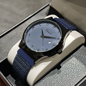 Montres à quartz minimalistes pour hommes avec bracelet en nylon, lettres arabes personnalisées, calendrier et logo de marque, chiffres arabes - Product Image 6