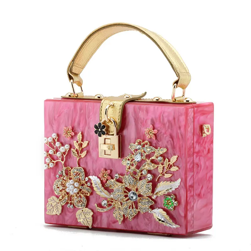 women acrylic flower rhinestone handle clutch bag lang lady party evening wedding purse bridal hand bag 6 color