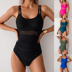 Traje de baño de una pieza para mujer, traje de baño elástico con cuello redondo y empalme de malla para nadar y deportes acuáticos - Product Image 2