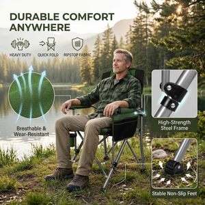 Folding High Quality Stainless Steel Picnic 400LBS Capacity Heavy Duty <b>Camping</b> Chair with Cooling Bag and Water <b>Cup</b> Holder - Product Image 3