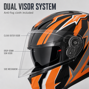 Casque de moto intégral anti-buée à double visière avec visière solaire rabattable, noir brillant et orange, pour adultes - Product Image 4