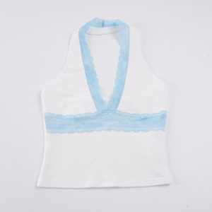 Camiseta sin mangas con cuello en V y ribete de encaje de punto transpirable y ajuste ceñido para mujer, estilo dulce - Product Image 2