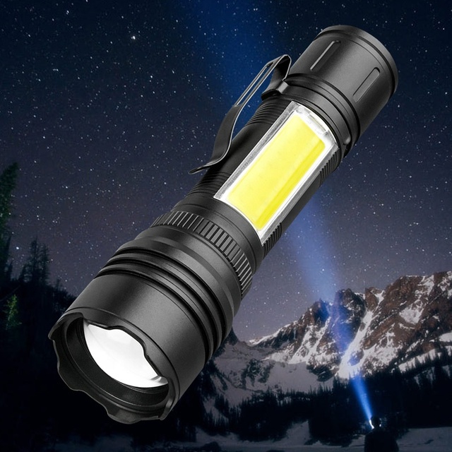 Super Bright COB LED Tactical Torch Flashlight Long Range Zoomable Aluminum Handheld USB Rechargeable with IP65 Rating