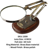 Loupe de bureau moderne finition laiton, lentille de 4 pouces, support en métal sculpté, poignée en bois, logo personnalisé, objet de collection LIMITLESS HUNCH