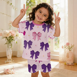 Ensemble pyjama d'été doux 2 pièces pour filles, motif pieuvre et calmar de dessin animé, couleur unie, manches courtes et short, GSM non spécifié - Product Image 2