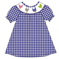 Robes d'été et d'automne pour filles en bas âge, respirantes, écologiques, à smocks, à manches courtes, bleu et blanc à carreaux, broderie de ferme, en coton
